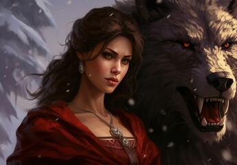 Woman and the Wolf in a dark mysterious foggy forest.. close-up - 715294002