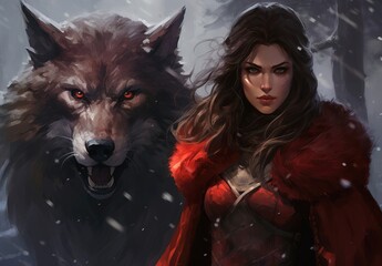 werewolf and a woman in a mysterious forest. close-up. - 715294003