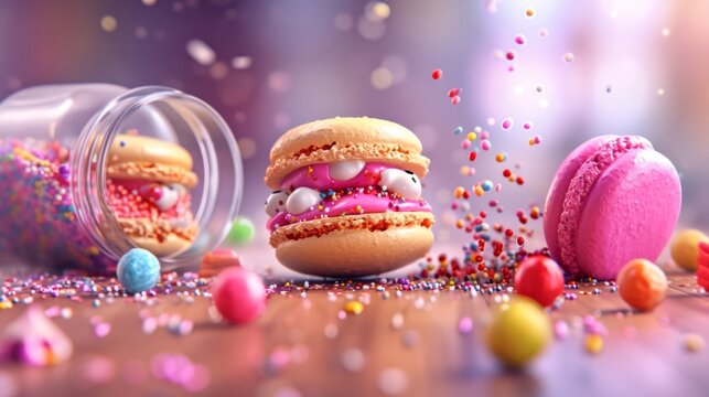 Cartoon scene A snooty macaron cookie scoffing at the other contestants inferior ingredients and techniques while secretly struggling to open a jar of sprinkles