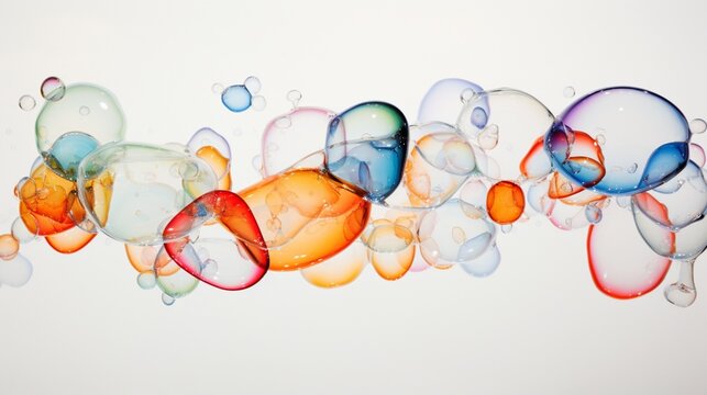 Against a pure white backdrop, soap bubbles become the focal point in high definition, showcasing their delicate forms and vibrant colors, suspended in a moment of beauty.
