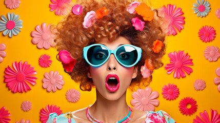 A frightened surprised woman with red curly hair and blue glasses stands out against a bright patterned background, representing excitement and a colorful lifestyle. Abstract crazy funny ad.
