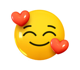 Emoji Happy loving face with red hearts. Emotion 3d cartoon icon. Yellow round emoticon. Vector illustration