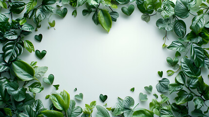 green leaves frame with heart shape on white background, generative ai