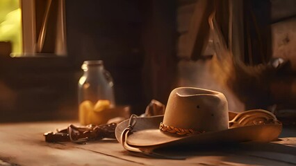 Western style still life with cowboy hat. Wild west accessories. 