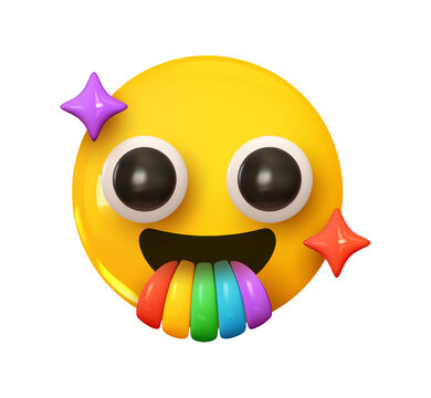 Emoji smile of happiness from an open mouth rainbow. Emotion 3d cartoon icon. Yellow round emoticon. Vector illustration