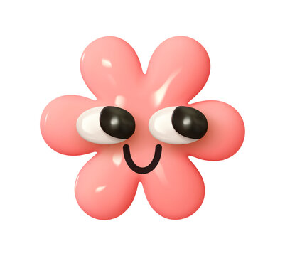 Emoji Pink flower with big eyes. Emotion 3d cartoon icon. Rose emoticon. Vector illustration