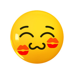 Emoji happy with kiss marks on his cheeks. Emotion 3d cartoon icon. Yellow round emoticon. Vector illustration