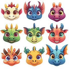 set of cartoon dragon heads on a transparent background, Ai Generated Images