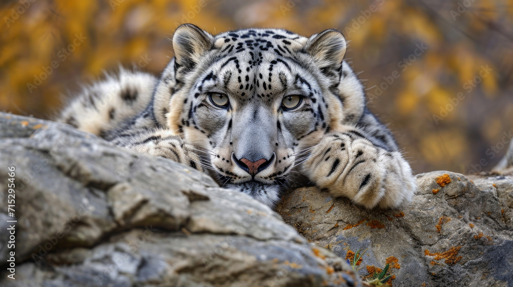 Poster closeup of the snow leopards alert expression as it surveys its territory and blends in with its sur