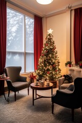 Fototapeta na wymiar Holiday-themed office meeting room with a Christmas tree and cozy fireplace, perfect for seasonal gatherings, Generative AI