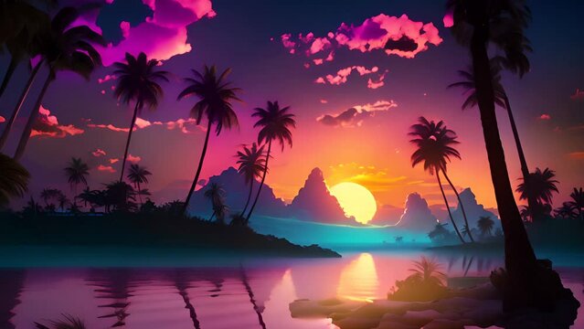Beautiful tropical beach with palm trees at sunset. Retrowave fantasy landscape background.