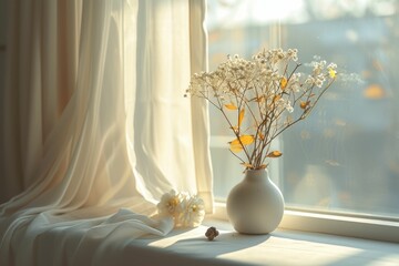 Soft morning light on elegant vase with dried flowers. Simple and elegant still life composition.
