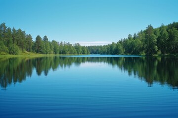 Fototapeta na wymiar Tranquil lake reflecting a clear blue sky.