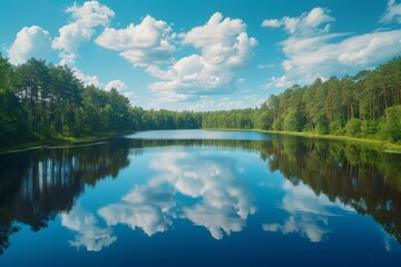 Obraz premium Tranquil lake reflecting a clear blue sky.