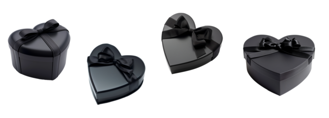 Four elegant black heart-shaped gift boxes with satin bows on a transparent background, potentially related to a romantic occasion such as Valentine's Day or an anniversary