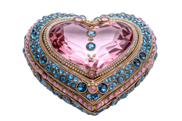 An ornate heart-shaped jewel with pink, blue, and clear gemstones, isolated on a white background, symbolizing romance or Valentine's Day