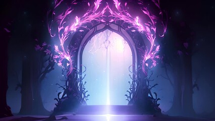 Mystical portal. Fantasy forest landscape with neon lights. Retrowave vibe.
