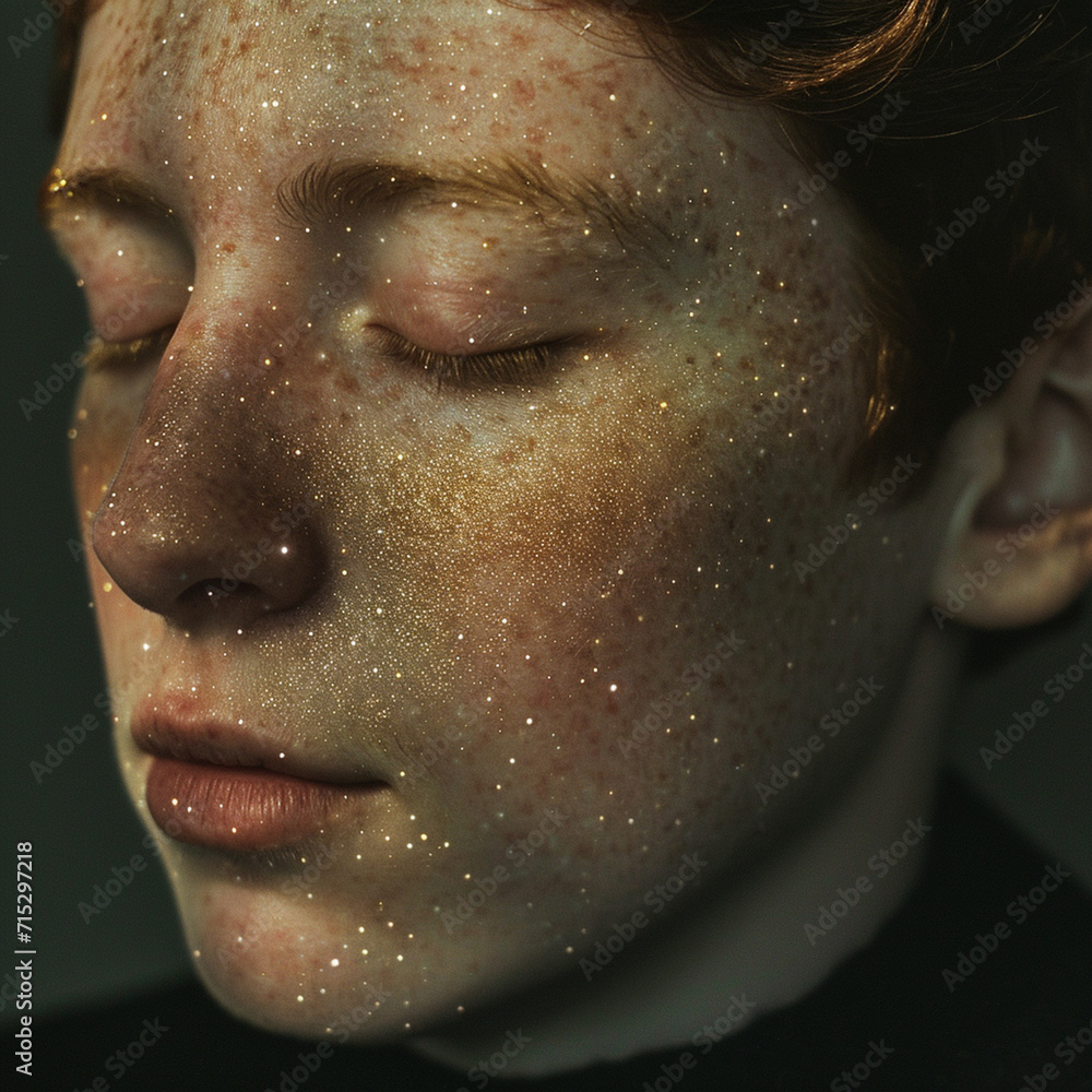 Aufkleber a depiction of a person with unique constellation-like freckle patterns across their cheeks.
