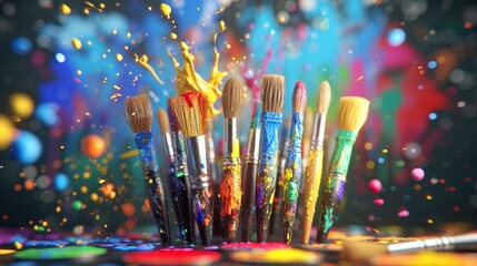 Cartoon scene of paintbrushes staging a dramatic live painting performance complete with a stirring clical music score and a grand finale of splattering paint - obrazy, fototapety, plakaty
