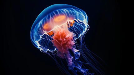 Bioluminescent jellyfish floating with tentacles trailing in deep blue ocean water, displaying natural marine life beauty