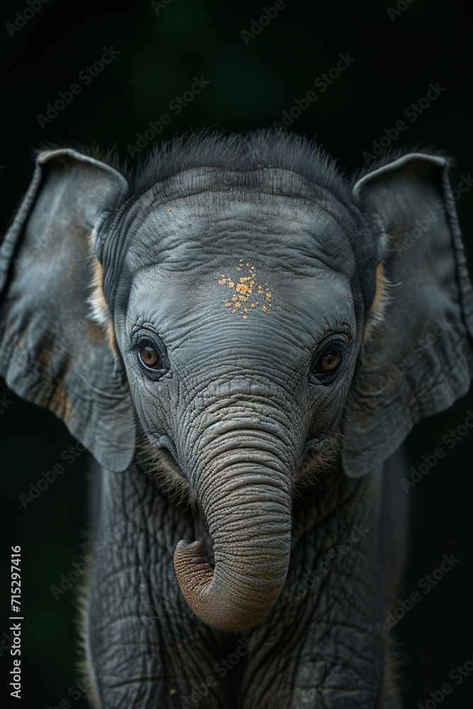 Poster an image of a baby elephant with a dusting of freckles around its eyes and ears.