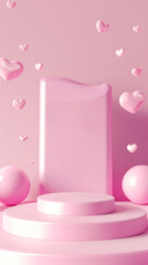 3D rendering of a romantic pink display podium with floating hearts, suitable for Valentine's Day product presentation