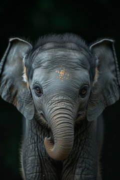 An image of a baby elephant with a dusting of freckles around its eyes and ears.