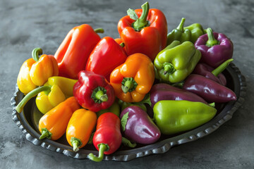 A symphony of various sweet pepper varieties, showcasing a medley of shapes, sizes and colors