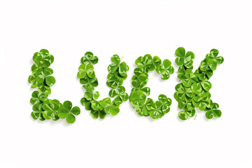 Green clover leaves forming the word LUCK on a white background, related to concepts of good fortune and Saint Patrick's Day