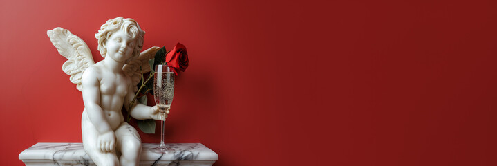 A marble statue of Cupid holding a red rose and a glass of sparkling wine against a red background, symbolizing romantic celebration for Valentine's Day
