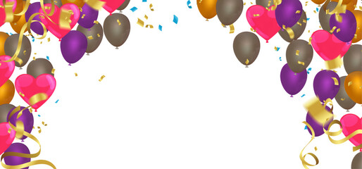 Happy birthday background with balloons, confetti and ribbons. Vector illustration.