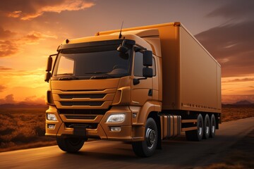 Shipment Delivery by Truck, on an isolated Sunset Orange background, Generative AI