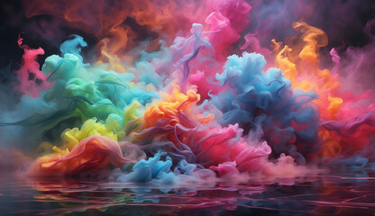 Abstract wave of colourful smoke, Flowing coloured smoke digital painting.