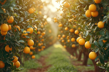 A depiction of a tranquil lemon orchard, rows of trees heavy with fruit. - obrazy, fototapety, plakaty