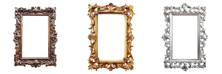 Set of three ornate picture frames in baroque style, isolated on transparent background, perfect for art display or gallery decoration