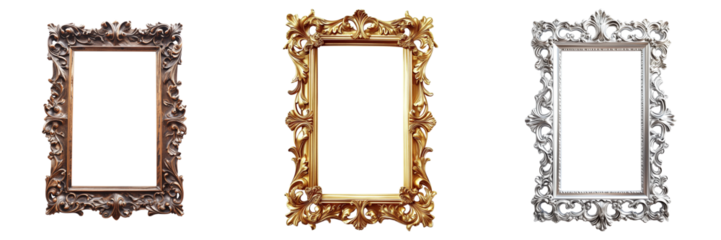 Set of three ornate picture frames in baroque style, isolated on transparent background, perfect for art display or gallery decoration