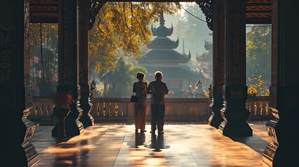 the couple paying respects at a historic temple. Early morning light casts serene shadows