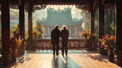 the couple paying respects at a historic temple. Early morning light casts serene shadows