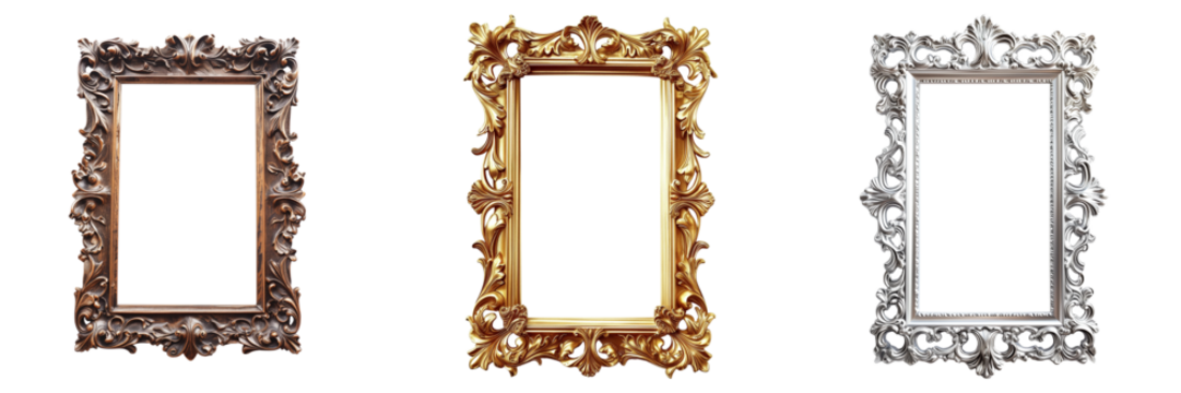 Set of three ornate picture frames in baroque style, isolated on transparent background, perfect for art display or gallery decoration