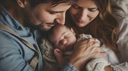 Highlight the tenderness of a family providing comfort sleeping and cuddles to their newborn - obrazy, fototapety, plakaty