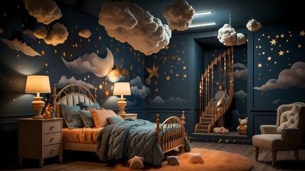 Baby room interior with colorful bed and walls decor and play room - obrazy, fototapety, plakaty