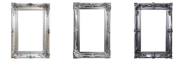 Set of three vintage ornate silver picture frames isolated on transparent background, intricate design, empty for art display or gallery concept - obrazy, fototapety, plakaty