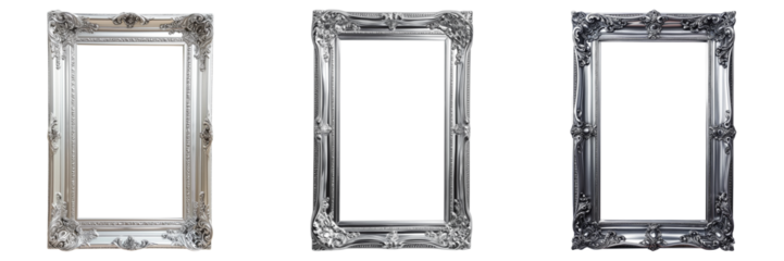 Set of three vintage ornate silver picture frames isolated on transparent background, intricate design, empty for art display or gallery concept