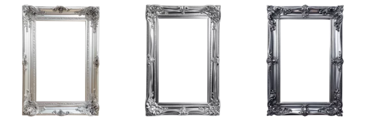 Fotobehang Set of three vintage ornate silver picture frames isolated on transparent background, intricate design, empty for art display or gallery concept © Transparent AI