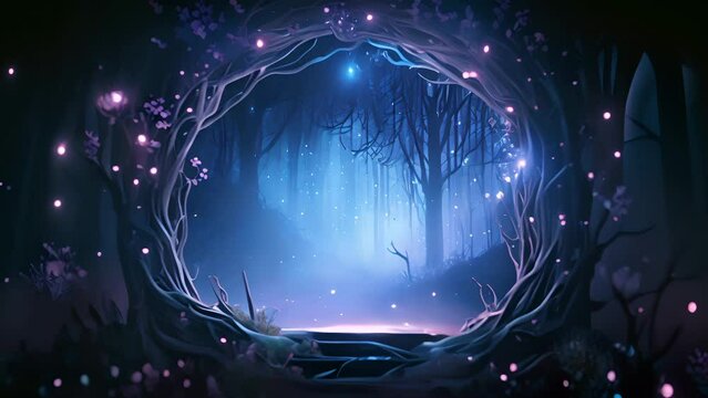 Mystical portal. Fantasy forest landscape with neon lights. Retrowave vibe.