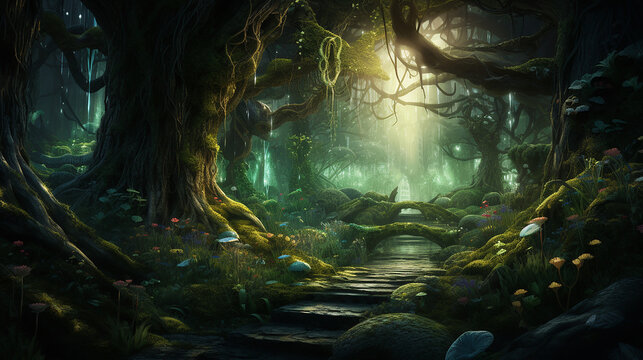 enchanted forest with pathways leading to hidden glades and a sense of adventure and mystery
