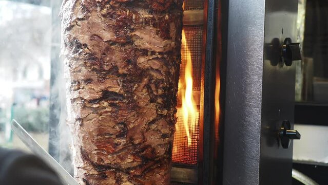  rotating traditional gyros meat close up 
