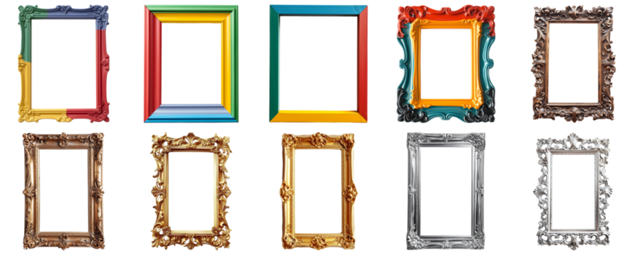 A collection of empty ornate picture frames featuring various colors and styles isolated on a transparent background, suitable for art and interior design concepts