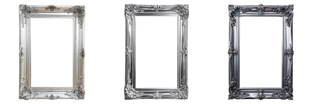 Set of three vintage ornate silver picture frames isolated on transparent background, intricate design, empty for art display or gallery concept