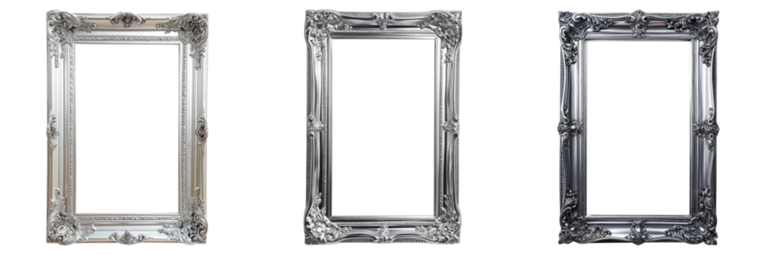Set of three vintage ornate silver picture frames isolated on transparent background, intricate design, empty for art display or gallery concept